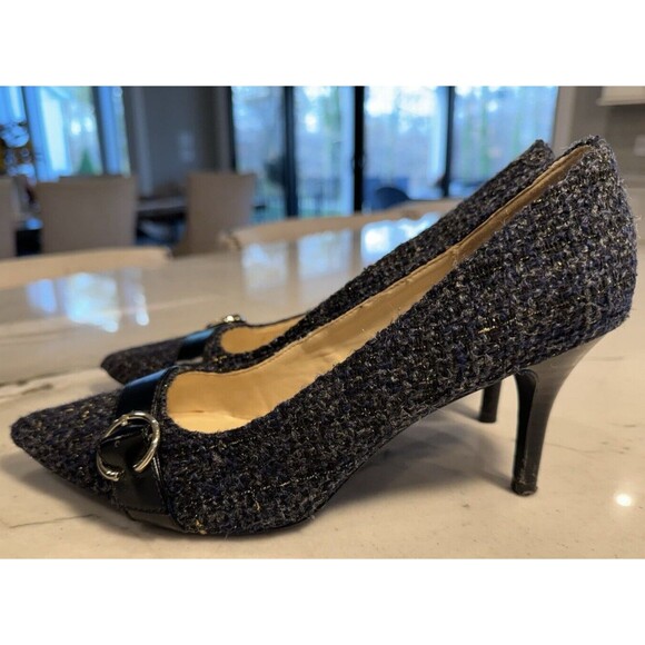 Nine West Kellendrao Navy Textile Tweed Like Pump Black Silver Buckle SZ 8 - Picture 3 of 6